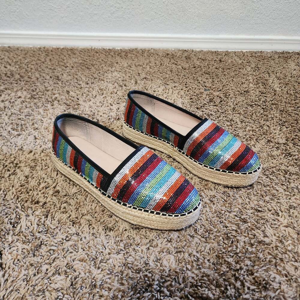 Gianni Bini Rainbow Rhinestone Espadrille Slip On Platform Flats Size 9 Festival